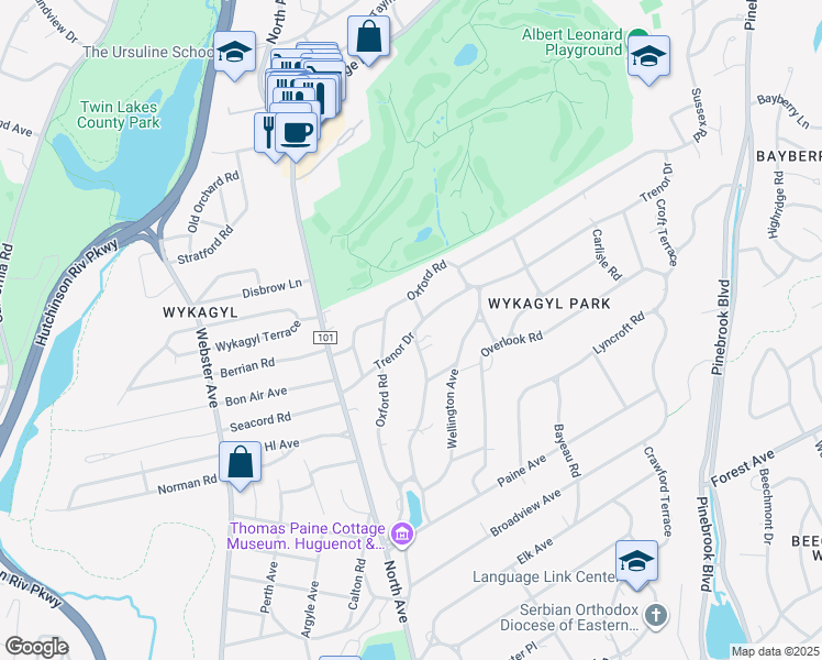 map of restaurants, bars, coffee shops, grocery stores, and more near 78 Trenor Drive in New Rochelle