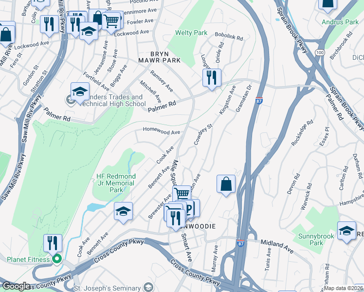 map of restaurants, bars, coffee shops, grocery stores, and more near 444 Mile Square Road in Yonkers