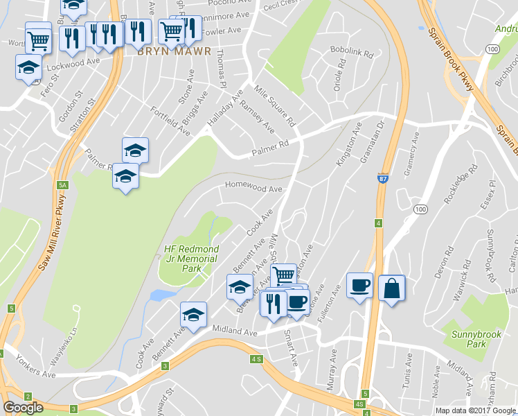 map of restaurants, bars, coffee shops, grocery stores, and more near 27 Marwood Lane in Yonkers