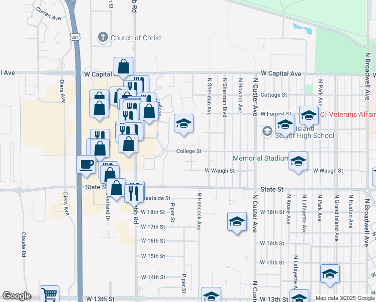map of restaurants, bars, coffee shops, grocery stores, and more near 3022 College Street in Grand Island