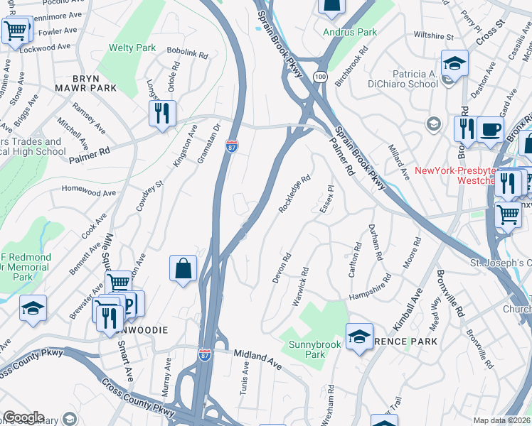 map of restaurants, bars, coffee shops, grocery stores, and more near 1160 Central Park Avenue in Yonkers