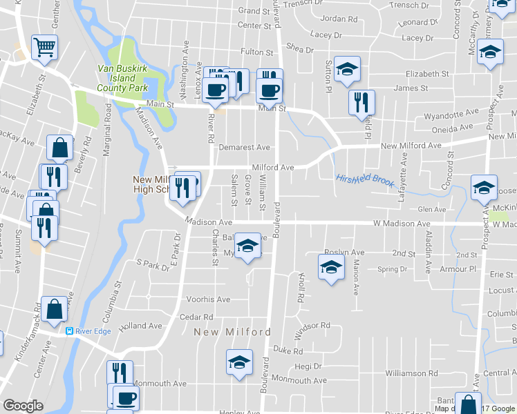 map of restaurants, bars, coffee shops, grocery stores, and more near 354 William Street in New Milford