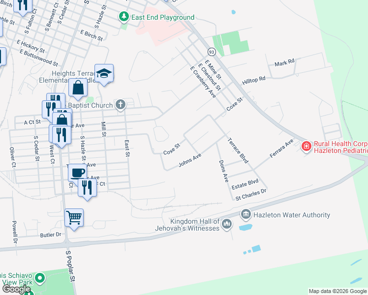 map of restaurants, bars, coffee shops, grocery stores, and more near 1412 Roberts Avenue in Hazleton