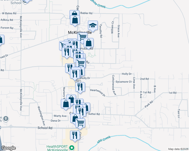 map of restaurants, bars, coffee shops, grocery stores, and more near 1964 Cypress Court in McKinleyville