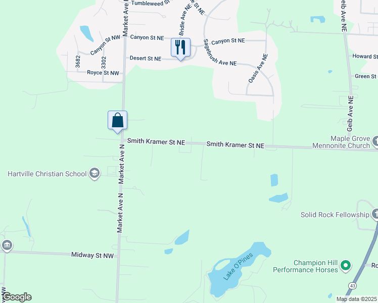 map of restaurants, bars, coffee shops, grocery stores, and more near 1286 Smith Kramer Street Northeast in Hartville