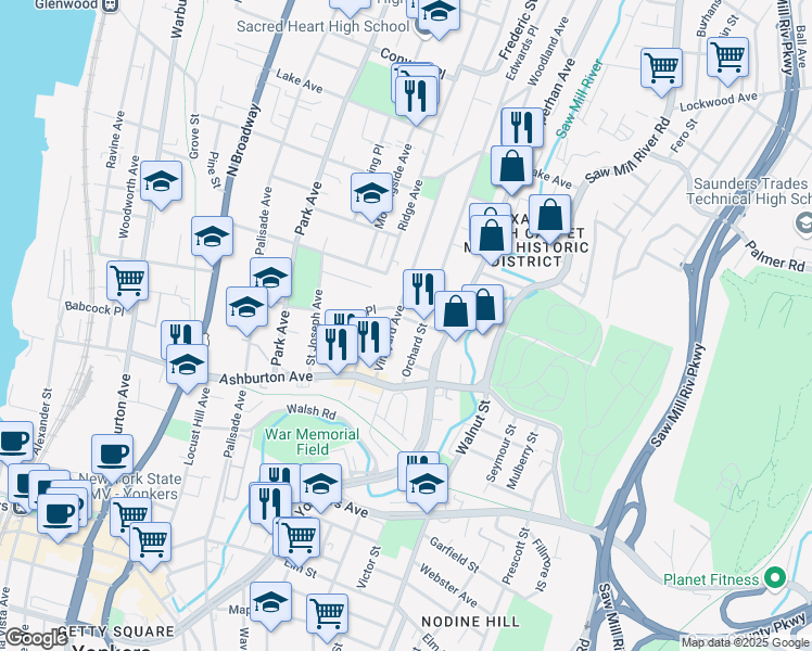 map of restaurants, bars, coffee shops, grocery stores, and more near 2 Myrtle Street in Yonkers