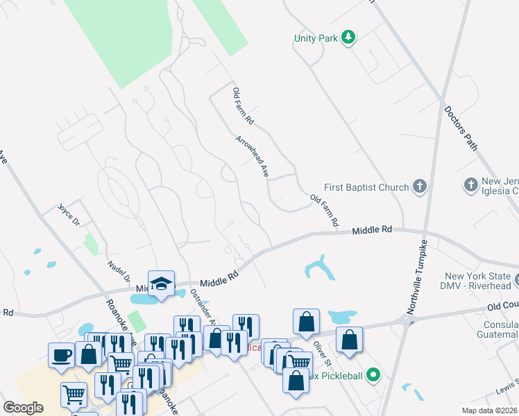 map of restaurants, bars, coffee shops, grocery stores, and more near 402 Winged Foot Way in Riverhead