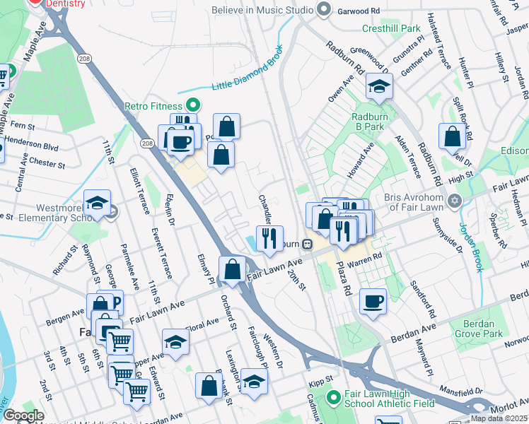 map of restaurants, bars, coffee shops, grocery stores, and more near 1724 Chandler Drive in Fair Lawn