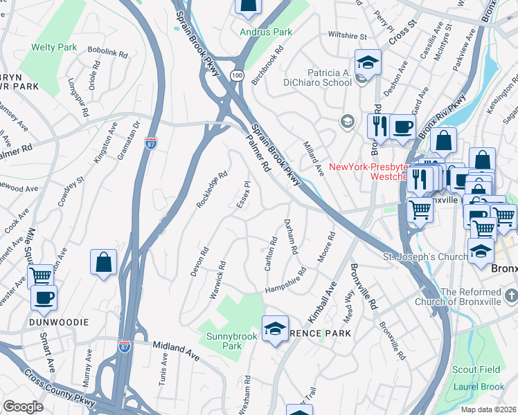 map of restaurants, bars, coffee shops, grocery stores, and more near 2 Rockledge Road in Yonkers