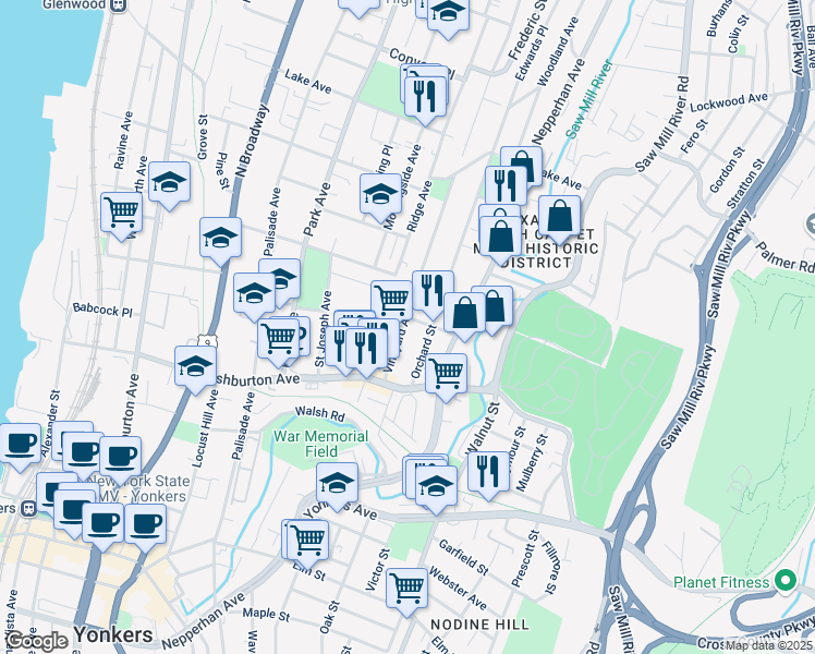 map of restaurants, bars, coffee shops, grocery stores, and more near 2 Myrtle Street in Yonkers
