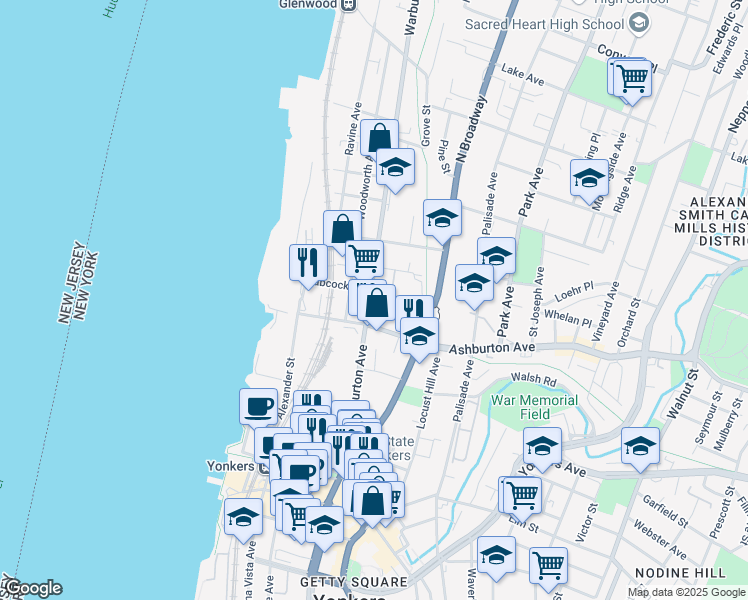 map of restaurants, bars, coffee shops, grocery stores, and more near 172 Warburton Avenue in Yonkers