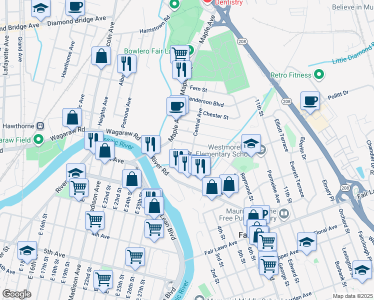 map of restaurants, bars, coffee shops, grocery stores, and more near 7-15 Lake Street in Fair Lawn