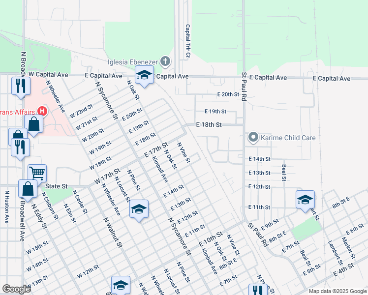 map of restaurants, bars, coffee shops, grocery stores, and more near 1603 North Vine Street in Grand Island