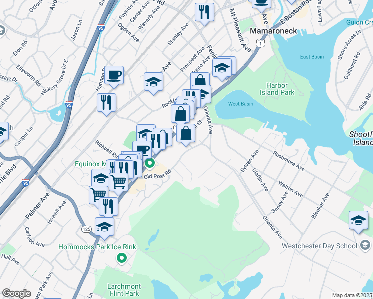 map of restaurants, bars, coffee shops, grocery stores, and more near 909 Old Boston Post Road in Mamaroneck