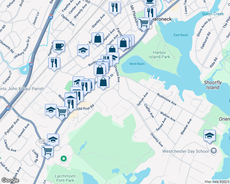 map of restaurants, bars, coffee shops, grocery stores, and more near 341 Orienta Avenue in Mamaroneck