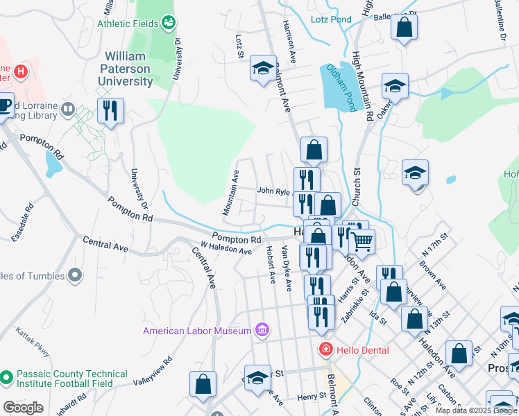 map of restaurants, bars, coffee shops, grocery stores, and more near 69 Buschmann Avenue in Haledon