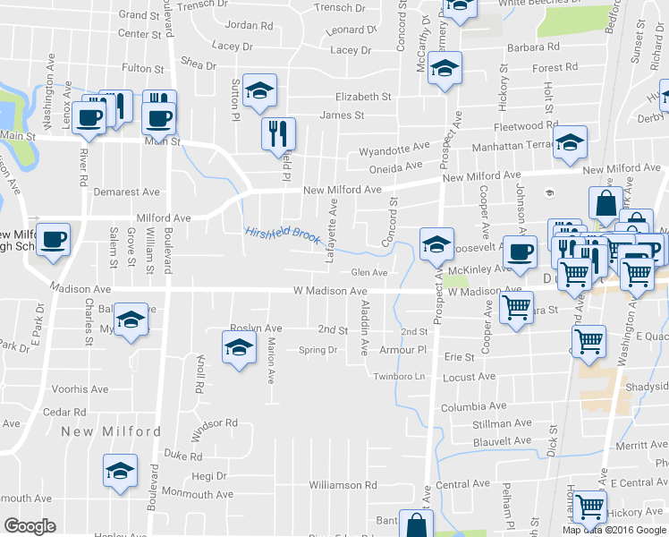 map of restaurants, bars, coffee shops, grocery stores, and more near 9 Lafayette Avenue in Dumont