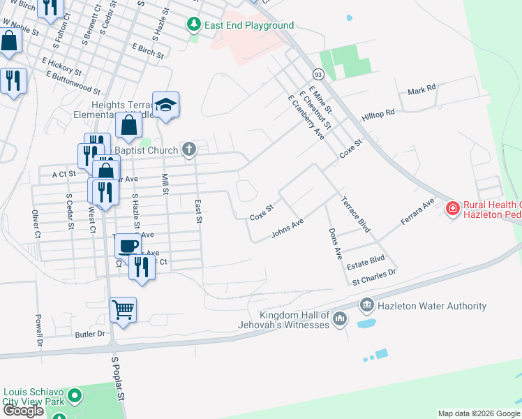 map of restaurants, bars, coffee shops, grocery stores, and more near 148 Coxe Street in Hazleton