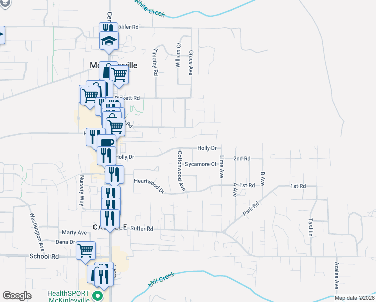 map of restaurants, bars, coffee shops, grocery stores, and more near 1932 Holly Drive in McKinleyville