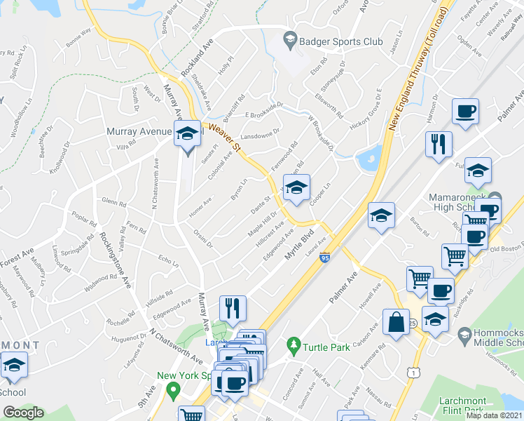 map of restaurants, bars, coffee shops, grocery stores, and more near 31 Dante Street in Larchmont