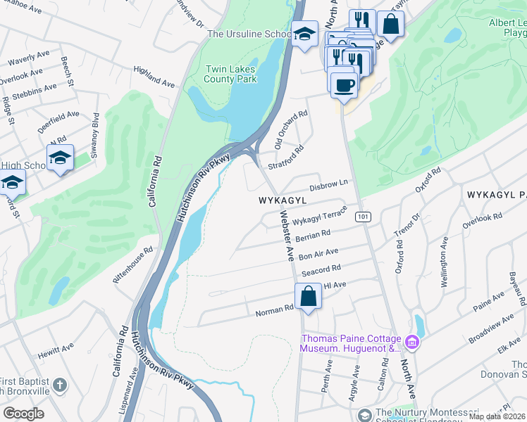 map of restaurants, bars, coffee shops, grocery stores, and more near 156 Elizabeth Road in New Rochelle