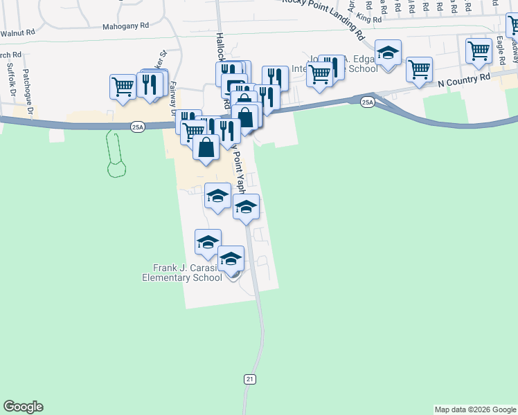 map of restaurants, bars, coffee shops, grocery stores, and more near 61 Rocky Point Yaphank Road in Rocky Point