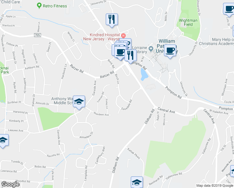 map of restaurants, bars, coffee shops, grocery stores, and more near 177 Easedale Road in Wayne