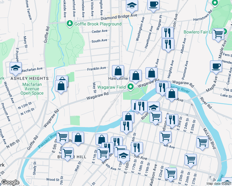 map of restaurants, bars, coffee shops, grocery stores, and more near 272 Wagaraw Road in Hawthorne