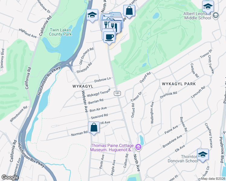map of restaurants, bars, coffee shops, grocery stores, and more near 2 Wykagyl Terrace in New Rochelle