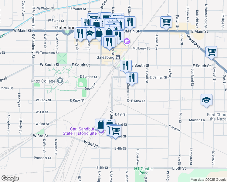 map of restaurants, bars, coffee shops, grocery stores, and more near 515 South Seminary Street in Galesburg