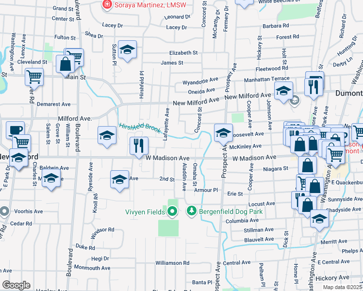 map of restaurants, bars, coffee shops, grocery stores, and more near 262 Glen Avenue in Dumont