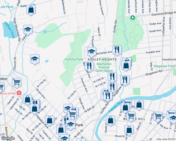 map of restaurants, bars, coffee shops, grocery stores, and more near 173 Westervelt Avenue in Hawthorne