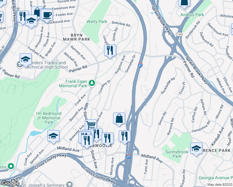 map of restaurants, bars, coffee shops, grocery stores, and more near 120 Kingston Avenue in Yonkers