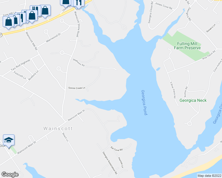map of restaurants, bars, coffee shops, grocery stores, and more near 30 Mathews Road in Wainscott