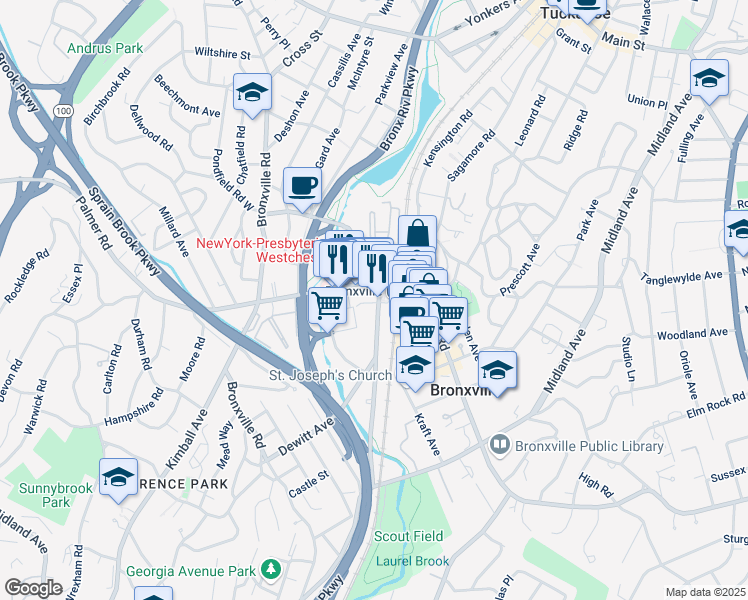 map of restaurants, bars, coffee shops, grocery stores, and more near 131 Parkway Road in Bronxville