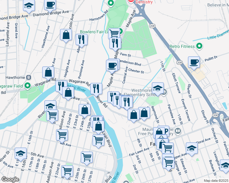 map of restaurants, bars, coffee shops, grocery stores, and more near 7-15 Lake Street in Fair Lawn