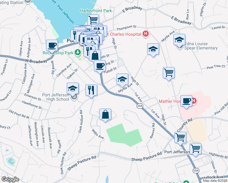 map of restaurants, bars, coffee shops, grocery stores, and more near 103 Myrtle Avenue in Port Jefferson