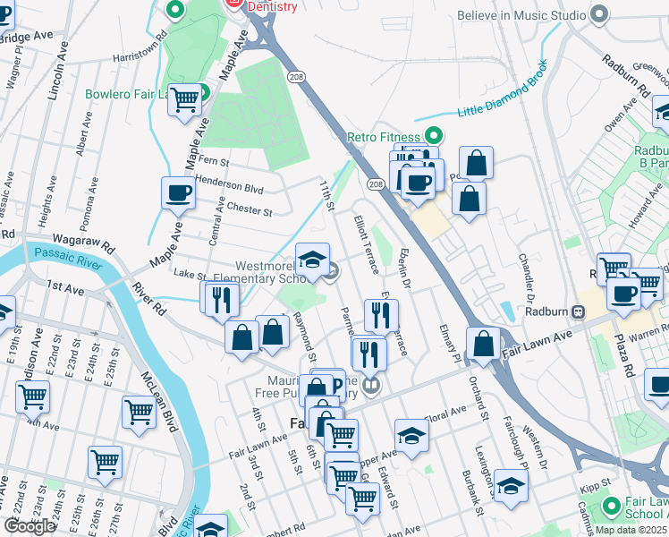 map of restaurants, bars, coffee shops, grocery stores, and more near 10-06 Backus Road in Fair Lawn