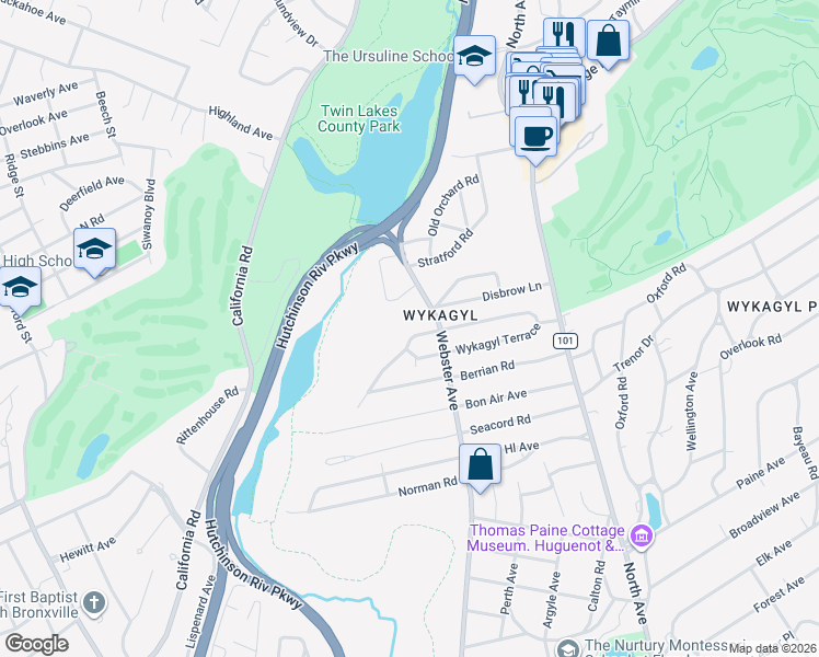 map of restaurants, bars, coffee shops, grocery stores, and more near 156 Elizabeth Road in New Rochelle