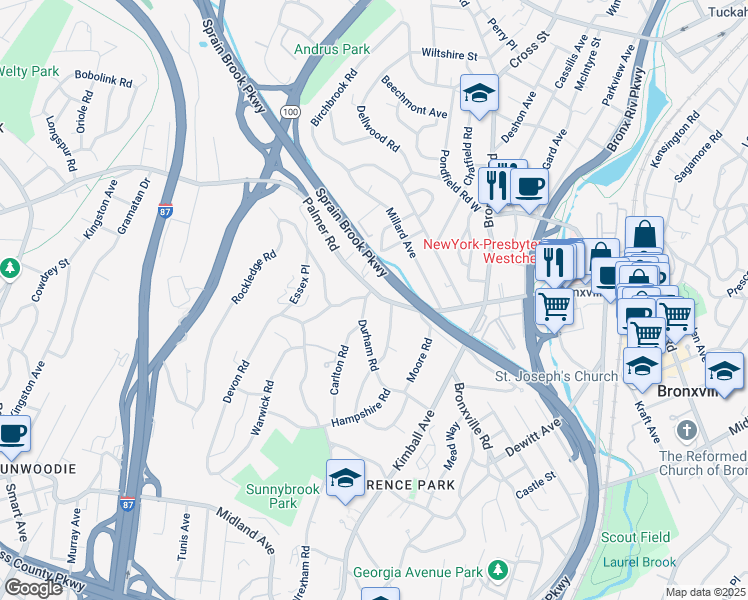 map of restaurants, bars, coffee shops, grocery stores, and more near 830 Palmer Road in Yonkers