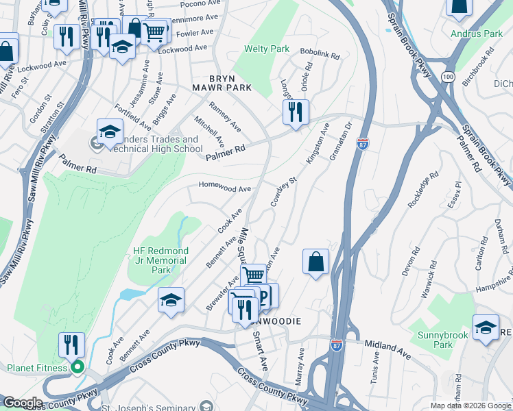 map of restaurants, bars, coffee shops, grocery stores, and more near 444 Mile Square Road in Yonkers