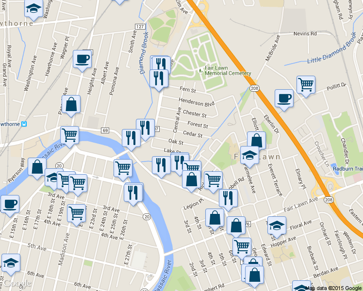 map of restaurants, bars, coffee shops, grocery stores, and more near 8-02 Oak Street in Fair Lawn