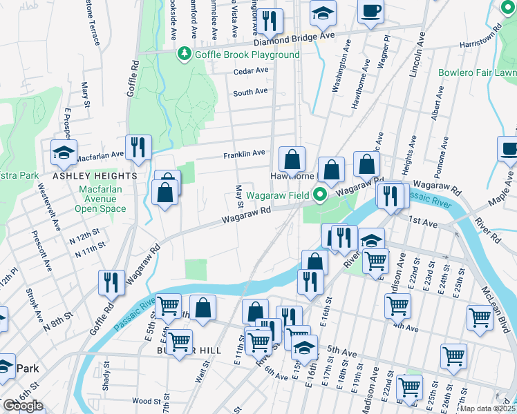 map of restaurants, bars, coffee shops, grocery stores, and more near 213 Wagaraw Road in Hawthorne