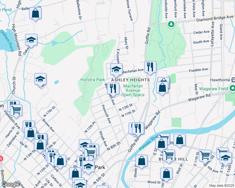 map of restaurants, bars, coffee shops, grocery stores, and more near 173 Westervelt Avenue in Hawthorne