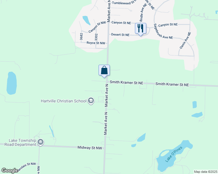 map of restaurants, bars, coffee shops, grocery stores, and more near 10630 Market Avenue North in Hartville