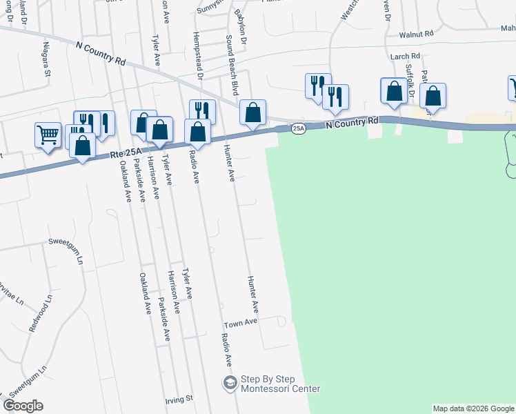 map of restaurants, bars, coffee shops, grocery stores, and more near 47 Hunter Avenue in Miller Place