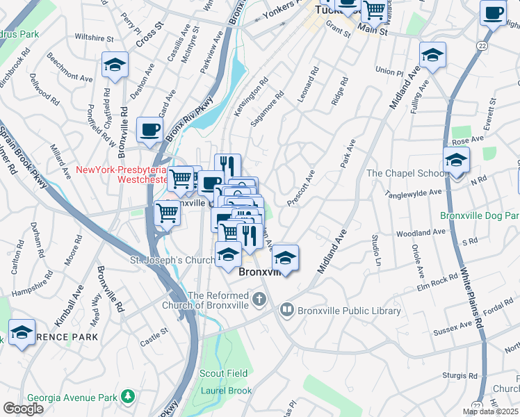 map of restaurants, bars, coffee shops, grocery stores, and more near 5 Garden Avenue in Bronxville