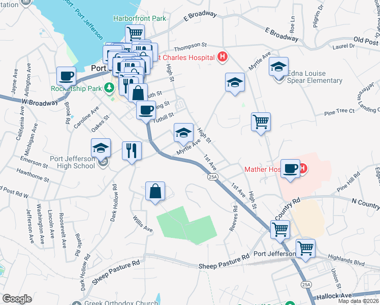 map of restaurants, bars, coffee shops, grocery stores, and more near 114 Myrtle Avenue in Port Jefferson
