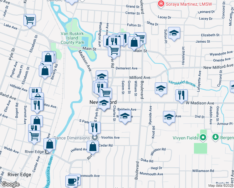 map of restaurants, bars, coffee shops, grocery stores, and more near 268 West Street in New Milford