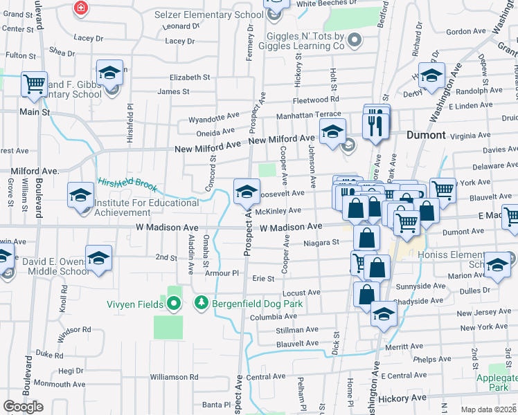 map of restaurants, bars, coffee shops, grocery stores, and more near 144 McKinley Ave in Dumont